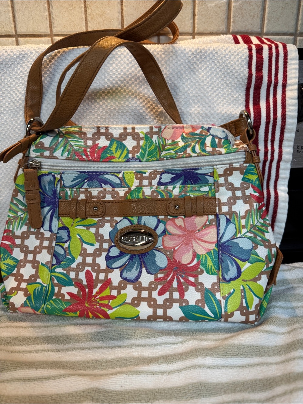 Rosetti Floral Crossbody Shoulder Bag in Tan Trim and Multi-Color Print